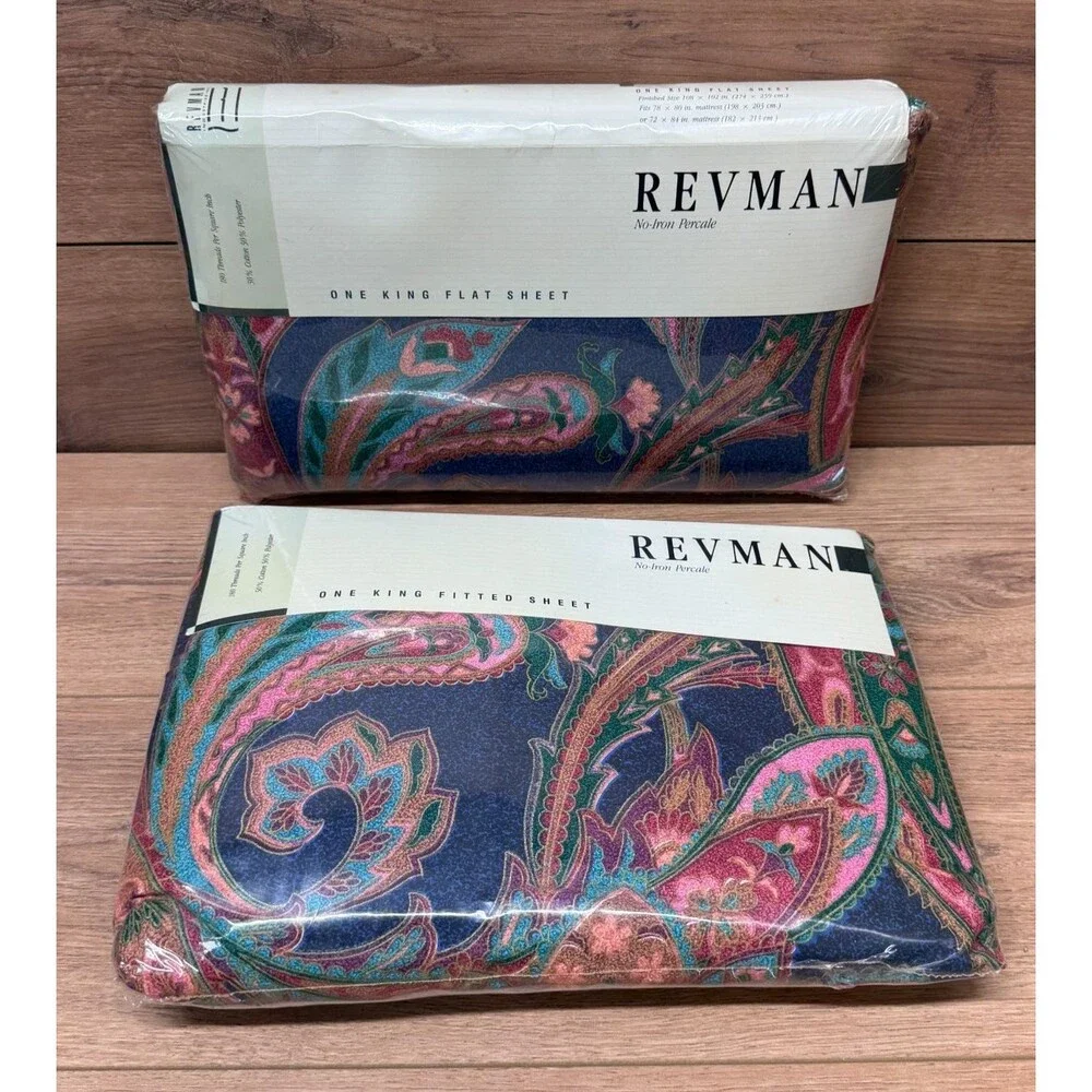 New Vintage 1989 Revman Kismet II King Paisley Sheet Set (Fitted & Flat) NOS